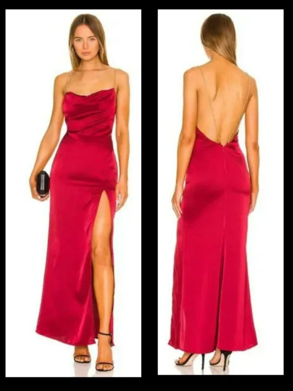 NBD Burgundy Alessi Satin Cowl Neck Gold Chain Straps Side Split Dress Sz S